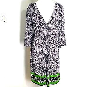 Max Edition Black & Print Dress Green Accents at Hem,Shirred Waistband, Sz Large